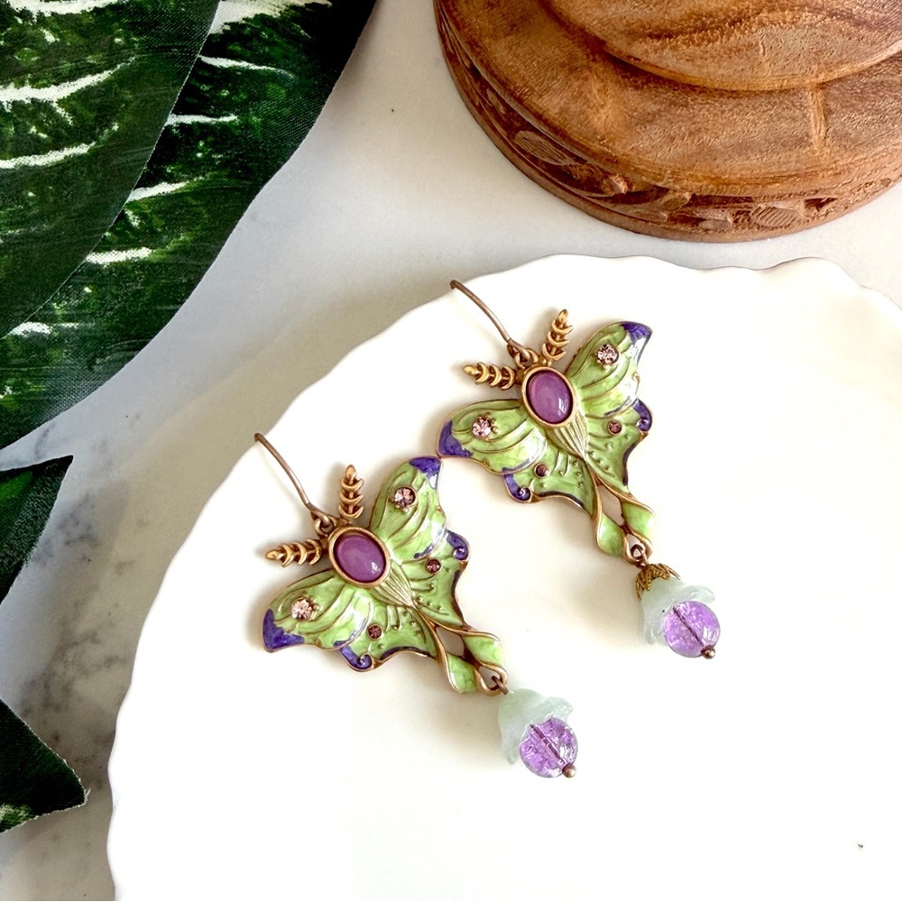 Green Purple Moth Enamel Stone Earrings Goth Bohemian Insect Jewelry Gift NEW